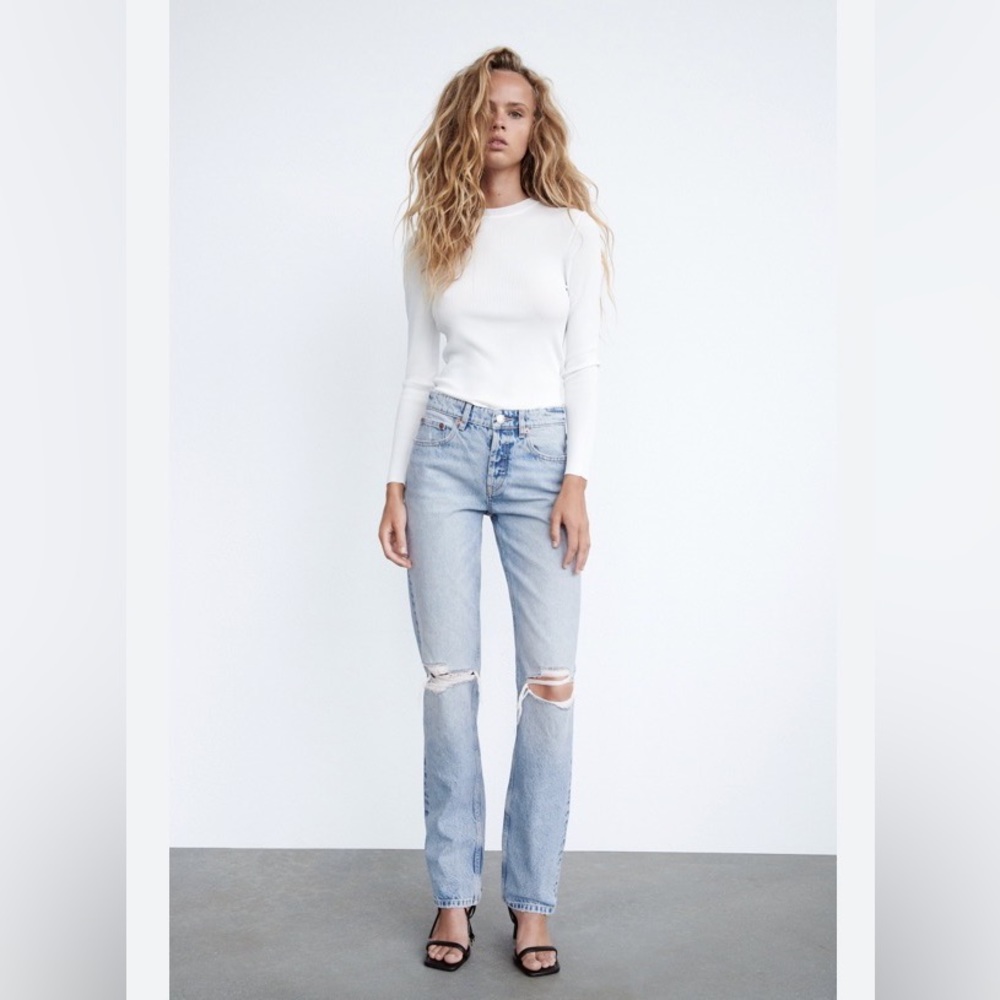 Zara Ripped Straight Jeans in Blue/Gray Ref. 4365/265
